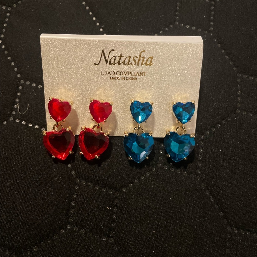 Natasha Couture Gold-Tone Red and Blue Heart Dangle Earrings